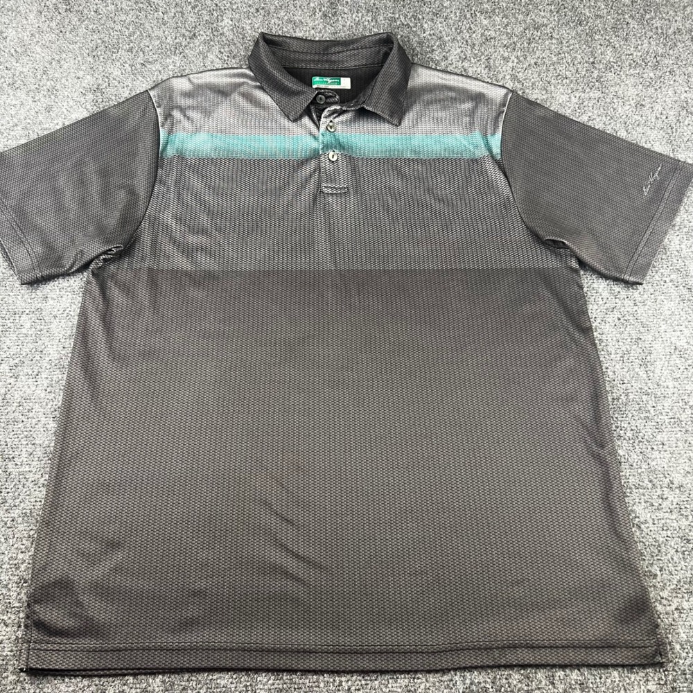 Ben Hogan Performance Mens Large Polo Shirt Grey Teal Stripe Short Sleeve Golf